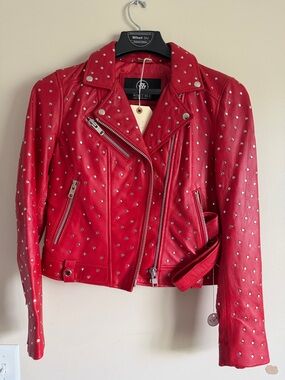 Whet Blu Studded Red Leather Moto Jacket | Authentic Leather | Women’s